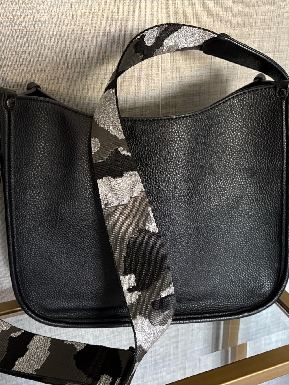 Black Leather Crossbody Bag with Camouflage Strap